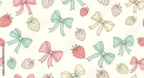 Seamless pattern featuring colorful bows and fresh strawberries on a light background, ideal for cheerful and sweet designs