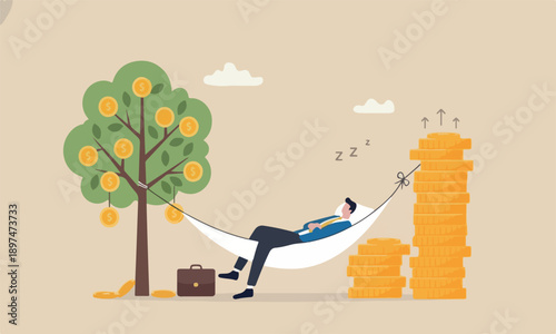 Passive income, with no effort by make profit or dividend from investment and achieve financial freedom concept, happy rich businessman sleeping in hammock tied on money tree with dollar coins