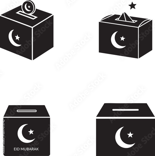 Four Islamic-Themed Donation Boxes with Crescent Moon and Star Symbols for Eid Mubarak Celebrations