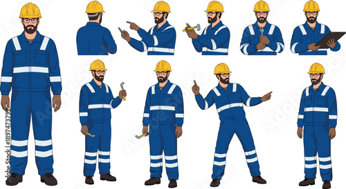 Construction worker illustration, safety gear, hard hat, reflective uniform, industrial tools, professional builder, workplace safety, engineering concept, teamwork