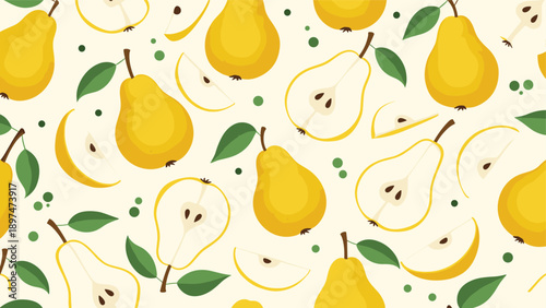 Seamless fruit pattern showing whole yellow pears and sliced pieces with green leaves and dots on a cream background.