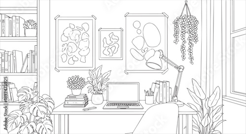 Minimalist Aesthetic Workspace with Laptop and Potted Plants Coloring Page