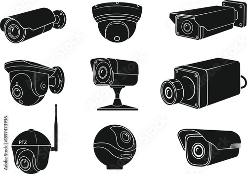 Various types of security cameras on white background including bullet dome and ptz models for surveillance and safety