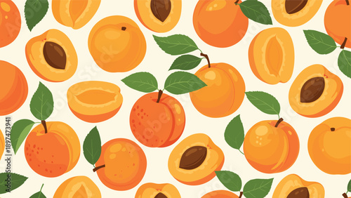 Colorful seamless pattern of ripe apricots including whole fruits with leaves and sliced halves with pits inside.