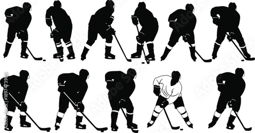 Ice hockey players in various poses with silhouettes and one white uniform player sports and recreation concepts