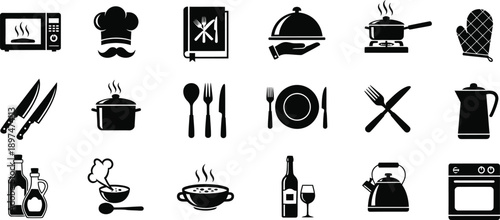 Black and white kitchen icons set including cooking utensils appliances and food preparation tools on a plain background