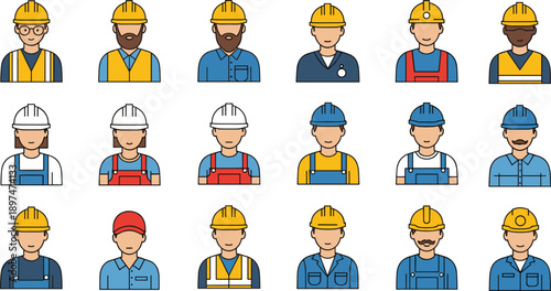 Diverse construction worker avatars, safety gear, hard hats, vests, industrial labor illustrations, workforce diversity, occupational safety representation