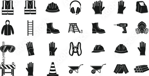 Essential construction safety gear and tools icons set, PPE equipment, protective wear, industrial site accessories, vector illustration
