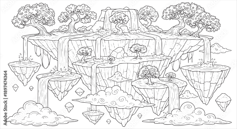 Obraz premium Floating Islands Fantasy Landscape Coloring Page with Waterfalls and Trees