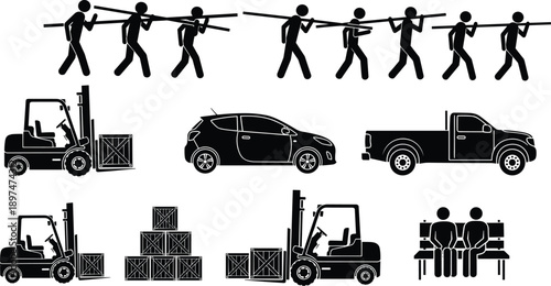 Manual laborers, forklifts, vehicles, and crates illustrating diverse transportation, logistics, and warehouse operations in silhouette icon style