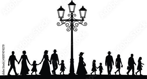 Silhouette of diverse people walking near ornate street lamp, blending traditional and modern fashion across generations in urban setting