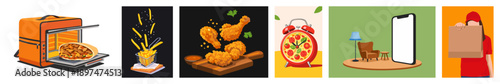 Comprehensive graphic design set representing the delivery culture and delicious street flavors.
