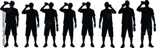 Silhouettes of person drinking from bottle in repetitive sequence, hydration concept, identical poses, health routine, black background