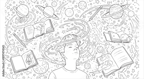 Surreal Space Exploration Coloring Page with Boy Dreaming of Planets and Books