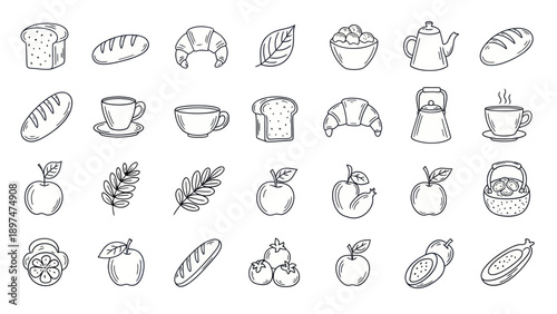 Hand Drawn Breakfast Food Icons: Bread, Croissants, Fruits, Tea Set, Leaves