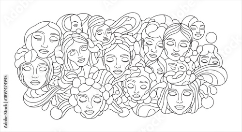 Abstract Expressionist Coloring Page Featuring a Collage of Diverse Female Faces