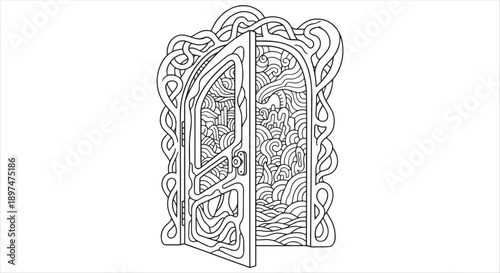 Surreal Intricate Doorway to Abstract Ocean Waves Coloring Page for Adults