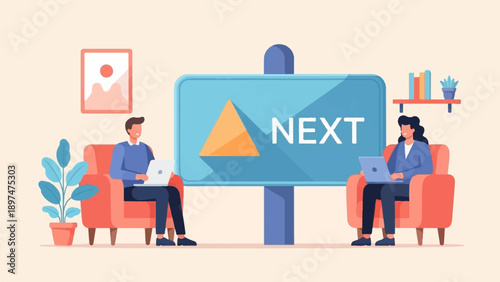 Two people work on laptops in a modern office setting near a "NEXT" sign