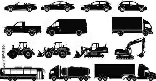 Collection of various black vehicle silhouettes including cars trucks tractors and construction equipment on white background for design and transportation concepts
