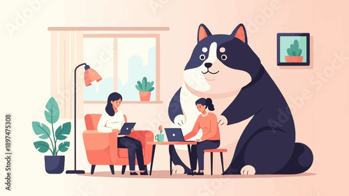 Two people work on laptops in a room with a giant friendly dog