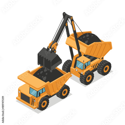 Isometric illustration of an excavator loading coal into a dump truck, with another full dump truck nearby.
