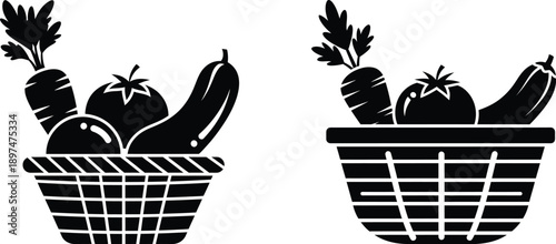 Vegetable baskets with fresh produce black icons on white background healthy food symbols