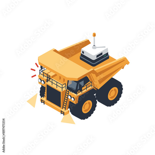Isometric view of an autonomous yellow mining dump truck with GPS and warning lights.