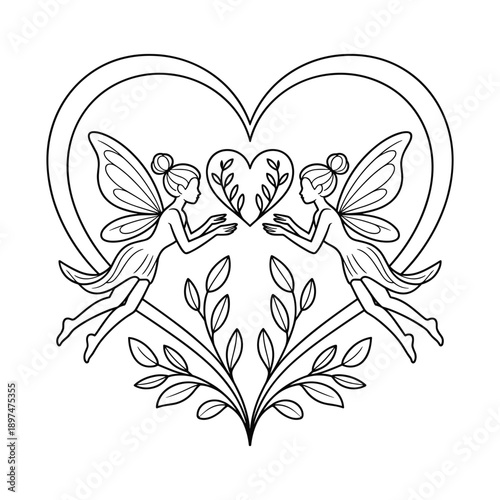 Two whimsical fairies reaching for a heart with branches isolated on transparent background in a gentle embrace