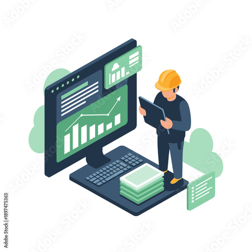 A person in a hard hat analyzing business data and financial reports on a computer monitor with charts and graphs, representing industry and finance management.
