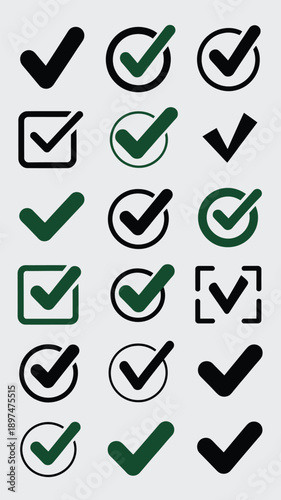 Collection of various checkmark and tick icons in different styles and colors isolated on white background, Vector, illustration