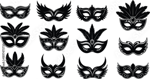 Collection of ornate black masquerade masks on white background for carnival or party use