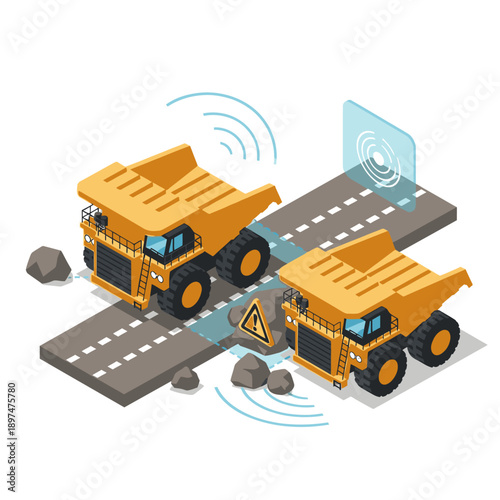 Isometric illustration of two autonomous dump trucks on a mining road with wireless communication and a warning sign.