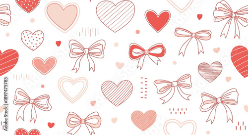 Romantic seamless pattern with hand drawn hearts and bows on white background for valentines day
