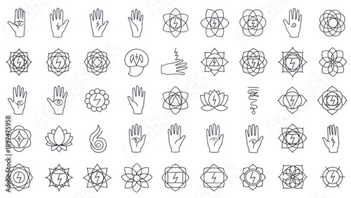 Esoteric Symbols Set: Chakras, Hands, Lotus, Energy, Mindfulness Icons