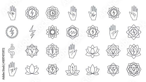 Esoteric Symbols: Yoga, Meditation, Chakra, Energy, and Hand Gestures Icons Set