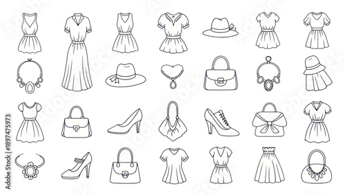Fashion Accessories and Clothing Icons: Dresses, Shoes, Hats, and Bags Line Art