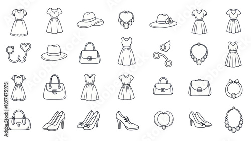 Fashion Accessories and Clothing Icons: Dresses, Hats, Shoes, Bags, Jewelry
