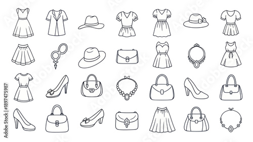 Fashion Accessories and Clothing Icons Set: Dresses, Hats, Bags, Shoes, Jewelry
