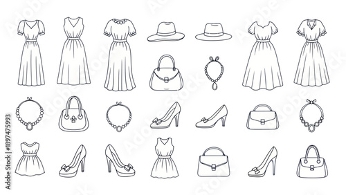 Fashion Collection: Dresses, Handbags, Hats, Shoes, Jewelry Line Art Icons