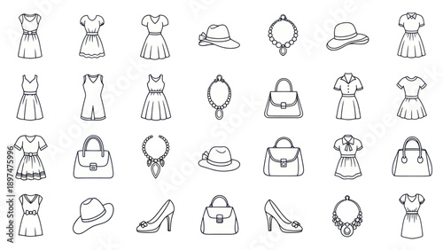 Fashion accessories and clothing icons set, outline vector illustration