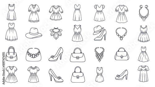 Fashion Icons Set: Dresses, Handbags, Shoes, Hats, Necklaces, Scarves - Line Art
