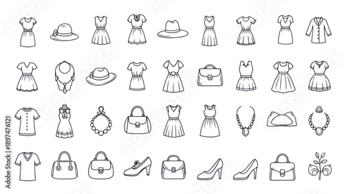 Fashion Icons Set: Dresses, Hats, Bags, Jewelry, Shoes - Hand Drawn Vector