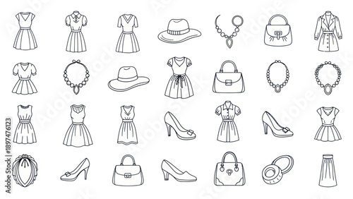 Fashion Icons: Elegant Dresses, Hats, Shoes, Bags, and Jewelry Line Art