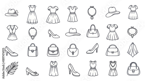 Fashion Icons Set: Dresses, Hats, Bags, Shoes, Jewelry, Outline Style