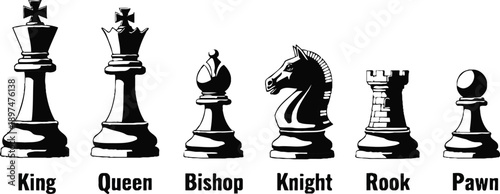 Chess pieces arranged in a row on a white background with labels