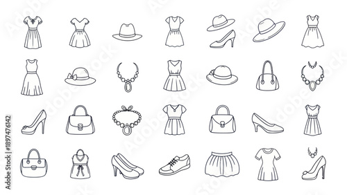 Fashion Icons Set: Dresses, Hats, Shoes, Bags, Necklaces - Line Art Collection