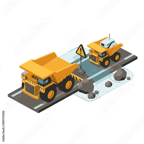Isometric illustration of two yellow dump trucks, one autonomous, on a construction or mining road with rocks and a warning sign.