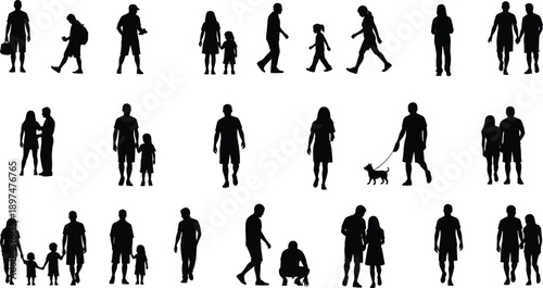 Large collection of diverse people silhouettes featuring men women and children walking standing holding hands and walking with a dog