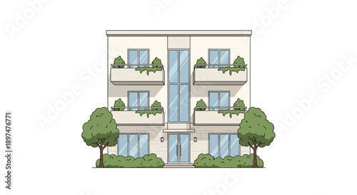 A clean and modern illustration of a multi-story apartment building with balconies, large windows, and green landscaping.