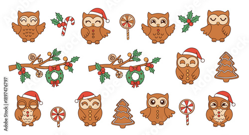 A cute and festive set of Christmas gingerbread owl cookies decorated with Santa hats, lollipops, and holly branches.